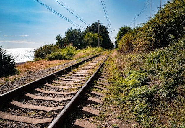 railroad track along sea coast railway on south of russia