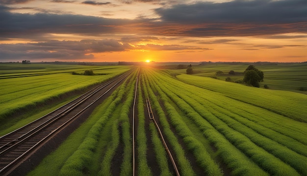 A railroad track dividing lush green agriculture fields under a bright orange and yellow sunset