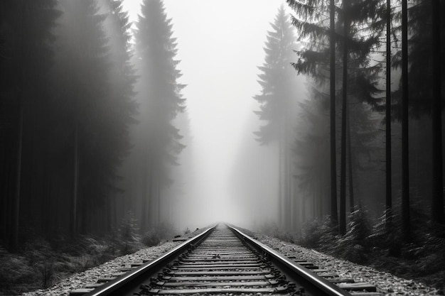 Railroad track in a thick white fog forest in the background