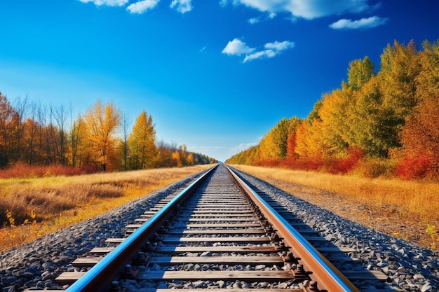 Photo a railroad track with a blue sky and a yellow tree in the background