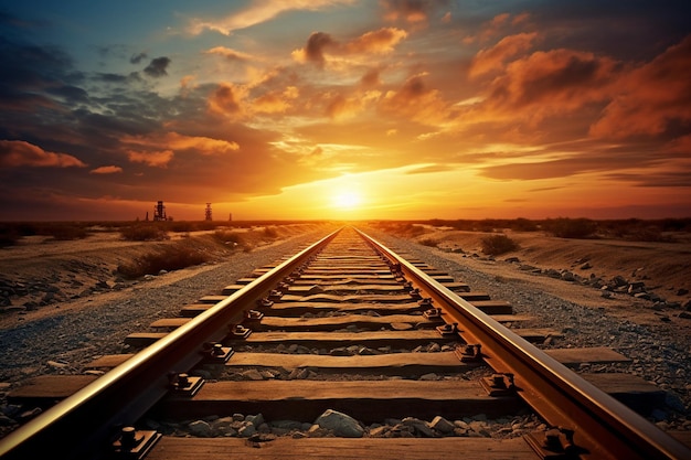 a railroad track with a sunset in the background