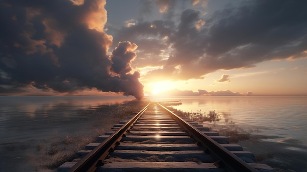 A railroad track with a sunset in the background