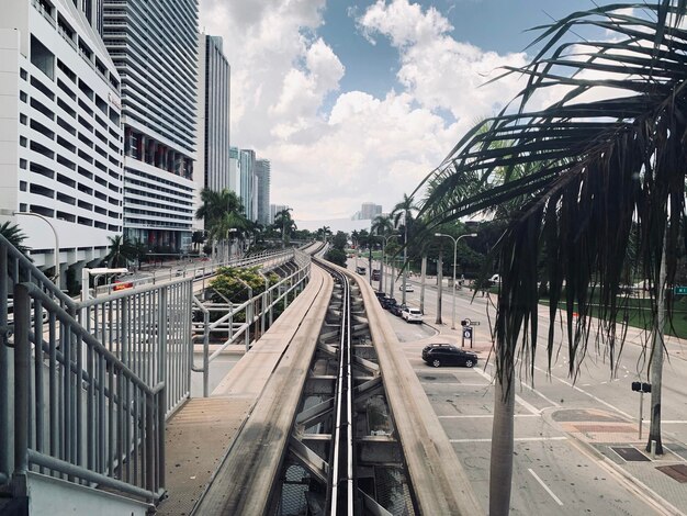 Railroad tracks amidst buildings in city against sky