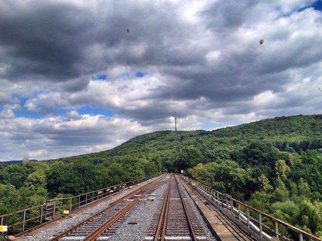 写真 雲の空に照らされた山の中の木々の中の鉄道線路