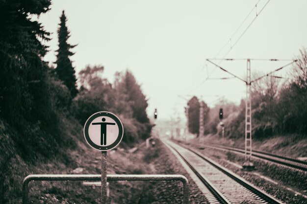 Railroad tracks by trees against sky