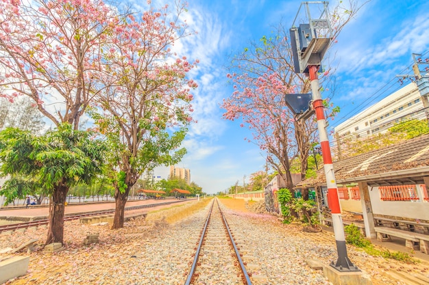 Photo railroad tracks at railway station, transportation