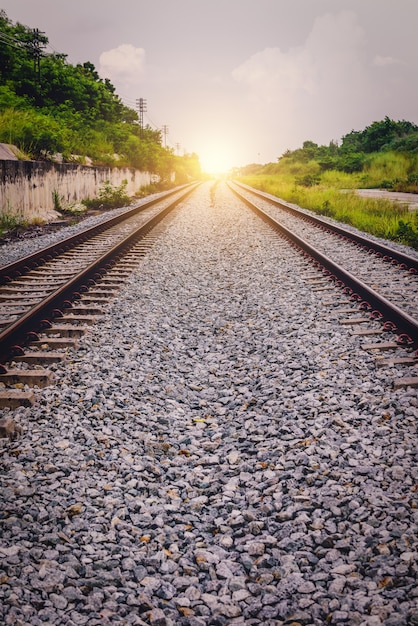 Railroad tracks in the setting sun