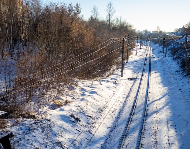 Railroad tracks in the snow Railway in winter