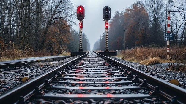 Photo the railroad tracks stretch into the distance with a red signal light in the foreground the tracks are surrounded by trees and the sky is cloudy