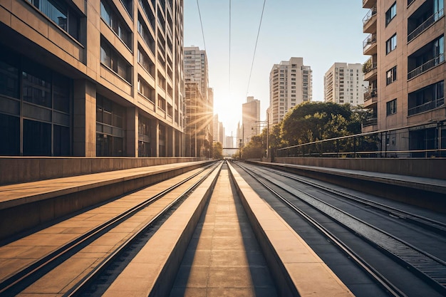 Railroad tracks that run between city buildings