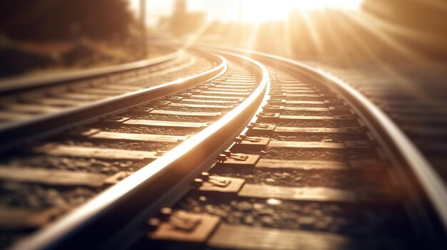 Railroad tracks with the sun shining on them