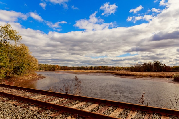 Railroad for trains bright sunny day in the midst of nature.