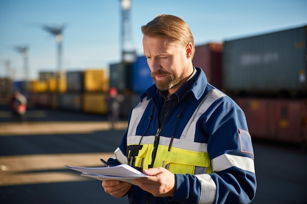 Photo railroad worker supervisor checking cargo and pointing to one of the freight train cars