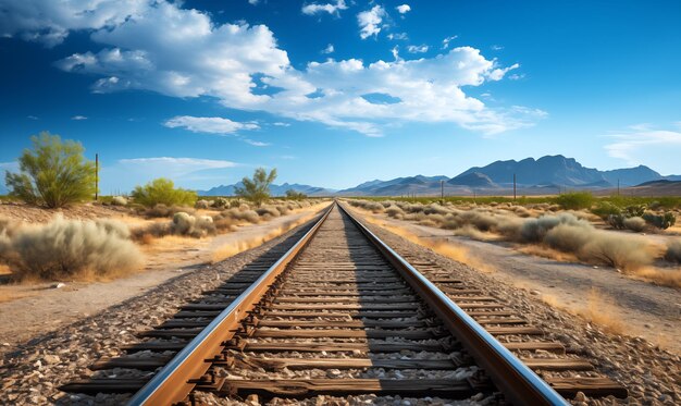 Railway in the Arizona desert with blue sky and white clouds
