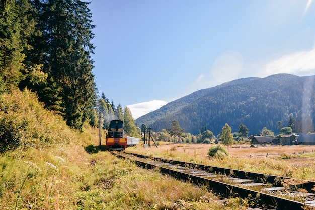 Railway among beautiful landscape. with riding train.