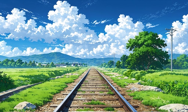 Photo railway in the countryside green fields and mountains cloudy blue sky animestyle illustration