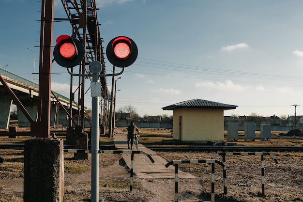 Railway pedestrian crossing flashing traffic light