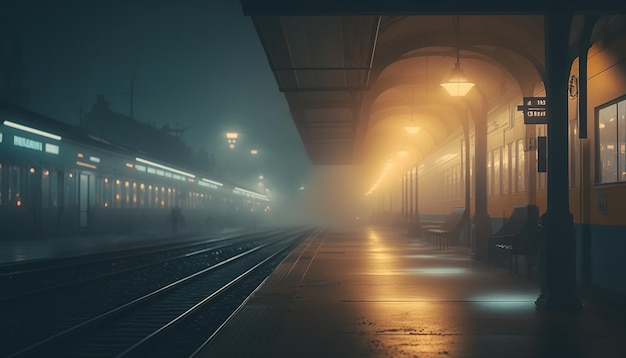 Stazione ferroviaria di notte con effetto motion blur creato utilizzando l'ia generativa