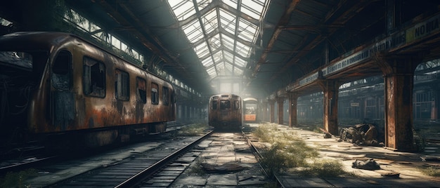 railway station post apocalypse landscape abondoned panorama ultrawide art destruction empty town