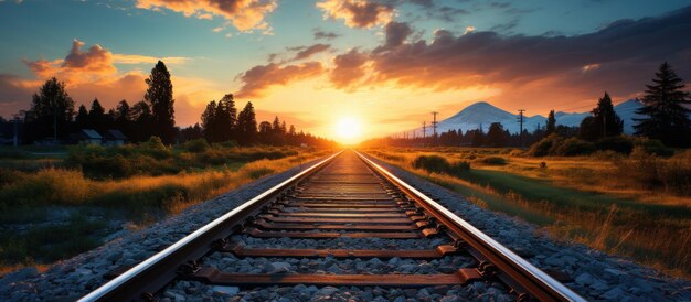 Photo railway at sunset railway tracks on the background of the setting sun