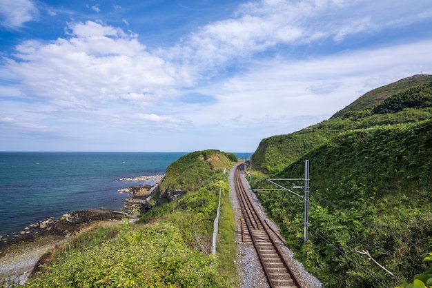 アイルランドの海岸の石岩山を通る鉄道。グレイストーン