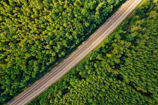 Railway through summer forest aerial view