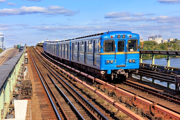 Railway track of the metro bridge in kyiv on which the metro train rushes