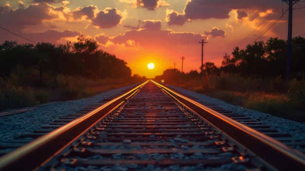 Photo railway track in the sunset