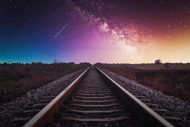 Foto traccia ferroviaria con la via lattea nel cielo notturno.