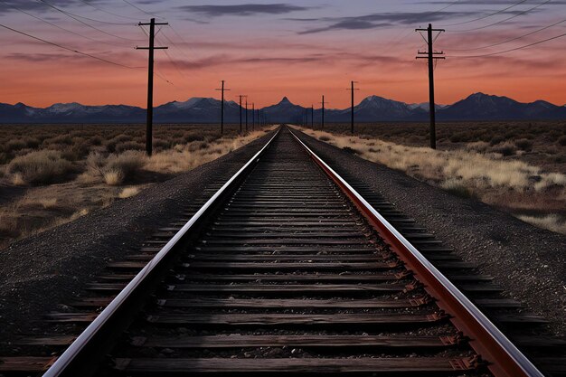 Фото Железнодорожные пути на закате в пустыне мохаве, калифорния