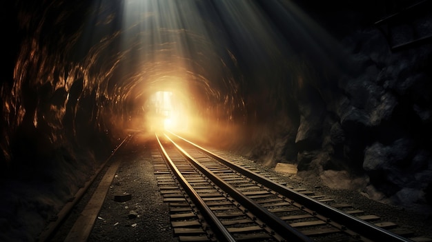 Railway tracks in a dark tunnel with the sun behind them