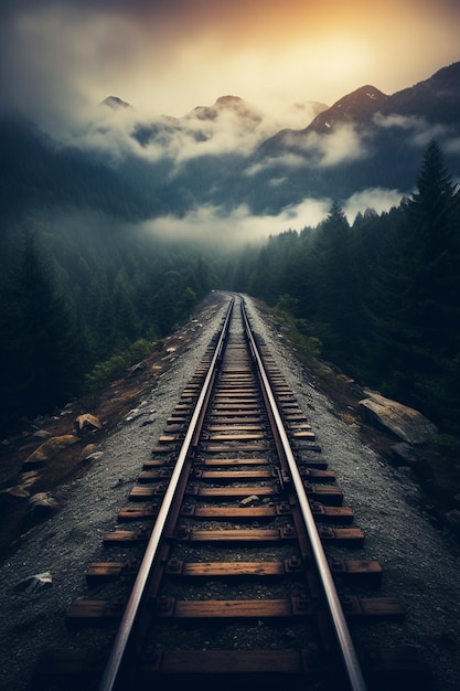 Premium AI Image | Railway tracks in the mountains with a mountain in ...