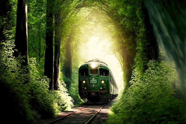 生きている緑の森を走る鉄道列車による鉄道輸送の素晴らしい旅