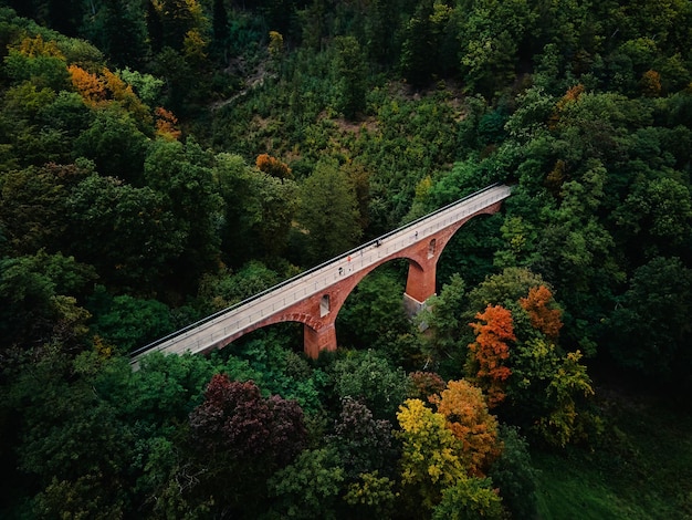 Railway viaduct in srebrna gora at autumn season poland landmark for tourists beautiful nature lands