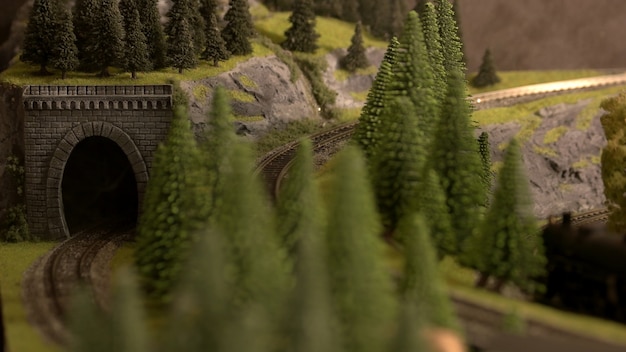 시골에 터널이 있는 철도.