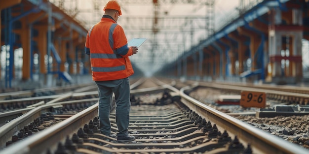 Photo railway worker inspecting the tracks