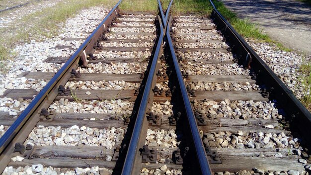 Railways Rails and sleepers on the ground near the station Long way concept Interlacing of tracks railway arrows Change of direction Metal heavy rails