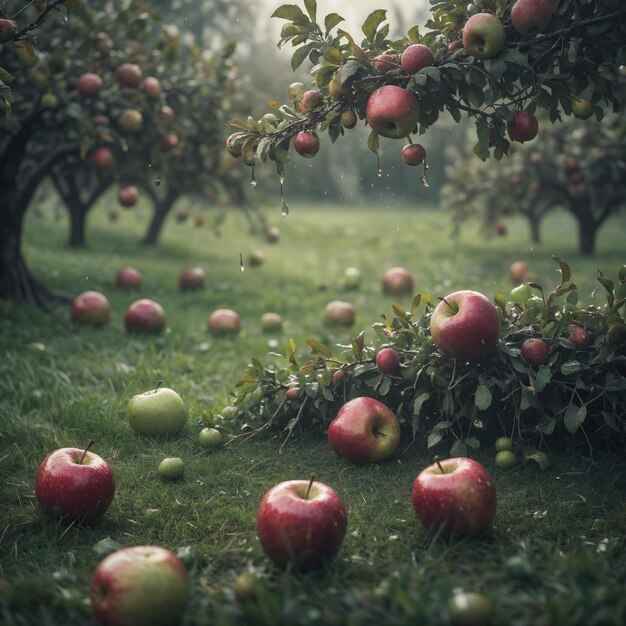 Photo rain in the apple orchard