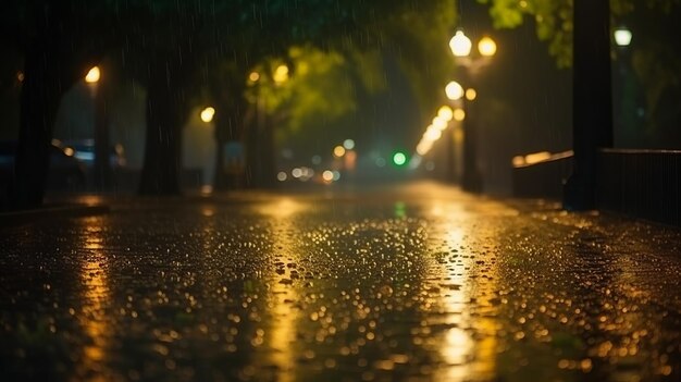 写真 夜の雨 背後に木がある街灯で照らされた湿った表面の通り