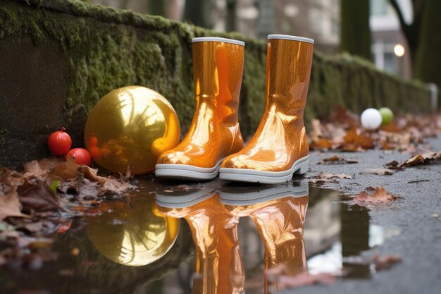 Photo rain boots with a reflection in a mirror puddle created with generative ai