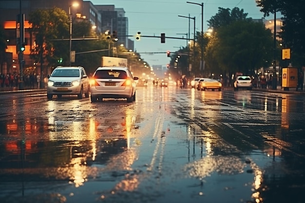 都市の交差点の交通交差点での雨