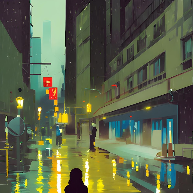 rain in city vector art style