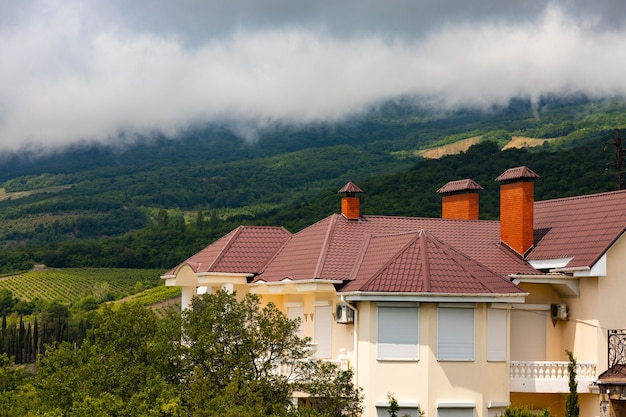 Rain clouds over mountains and a valley with a green vineyard.