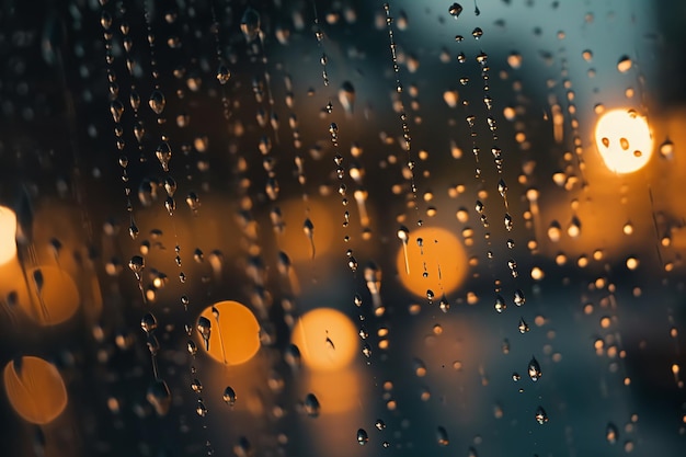 雨で覆われた窓背景にストリートライトがある