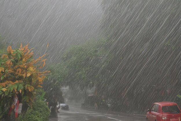 Photo rain drop on street in rainy seasonrain drop on street in rainy seasonrainy weather trees in forest