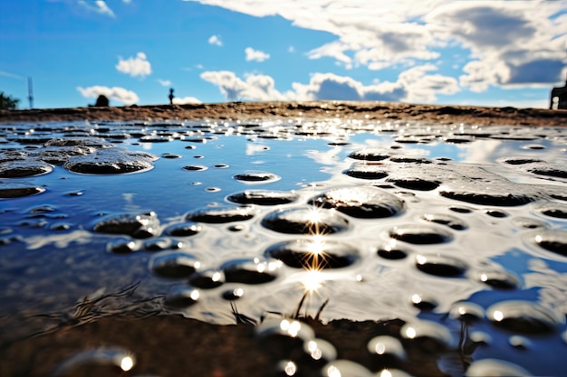 Rain dropping puddle rippling blue sky reflecting