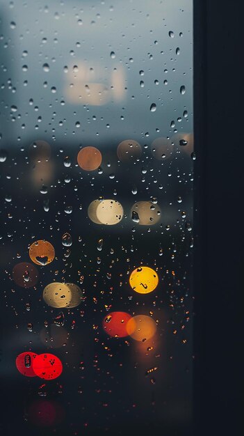 Photo rain drops on car glass and night lights