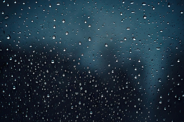 Rain drops on a dark background against a glass surface