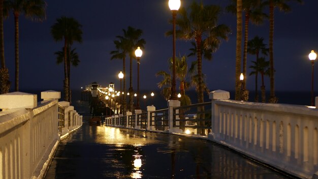 Gocce di pioggia, sera california usa. molo e palme al crepuscolo, spiaggia dell'oceano di notte.