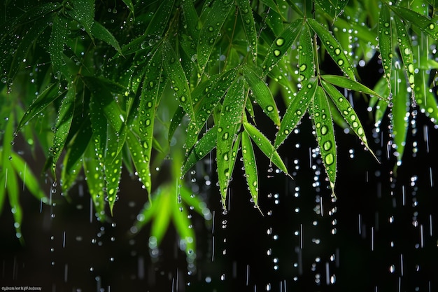 暗い背景の緑の竹の葉に雨の滴が落ちる